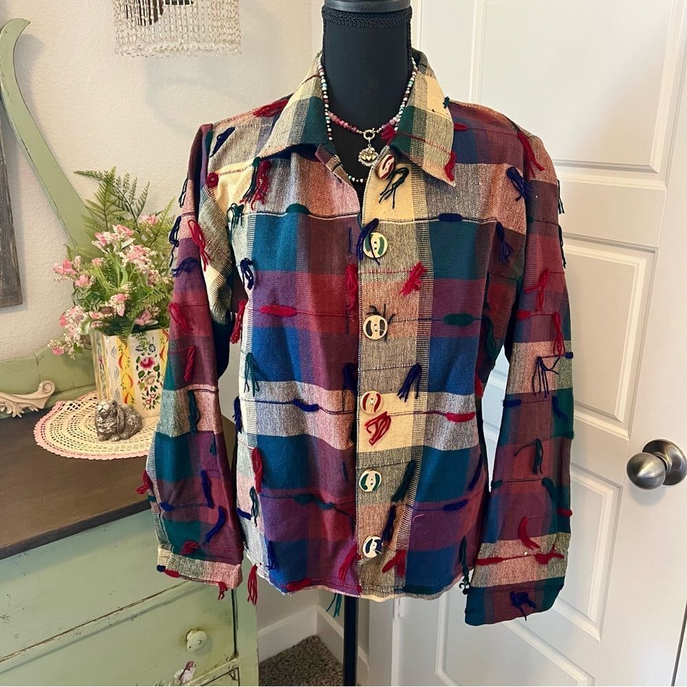 New Directions Vintage 90s Western Cottage Patchy Plaid Tassle Yarn Blazer Sz M